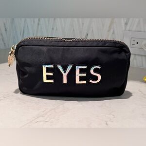 Stoney Clover Lane “EYES” Makeup Bag, Black Satin with Iridescent Letters